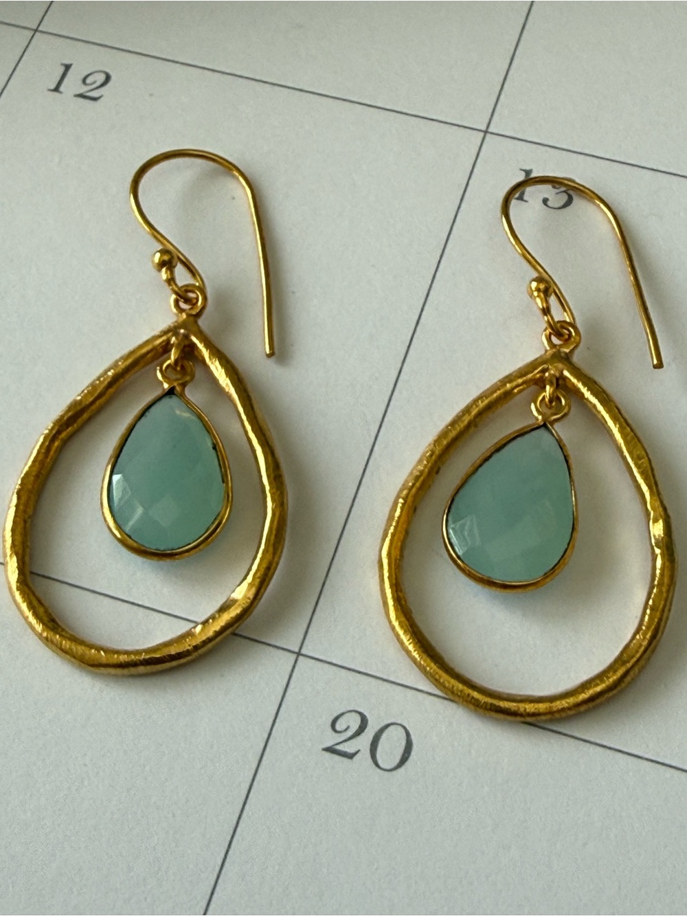 Gold Teardrop Earrings with Aqua Chalcedony Accent